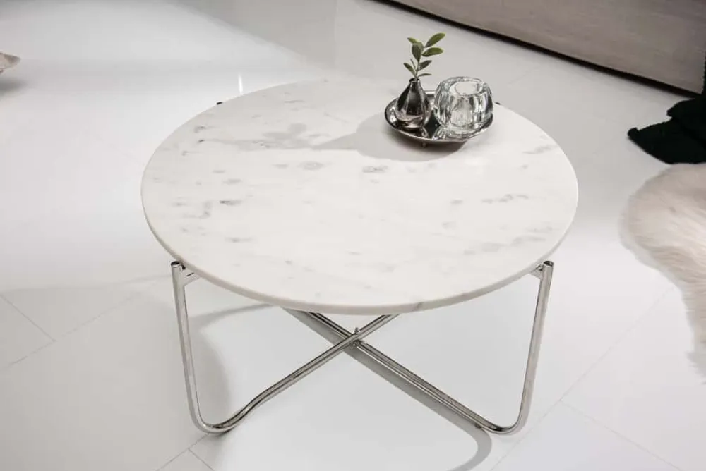 Riess-Ambiente Couchtische & Truhen > Runder Couchtisch NOBLE 65cm weiß Marmor abnehmbare Tischplatte klappbar silber Metall