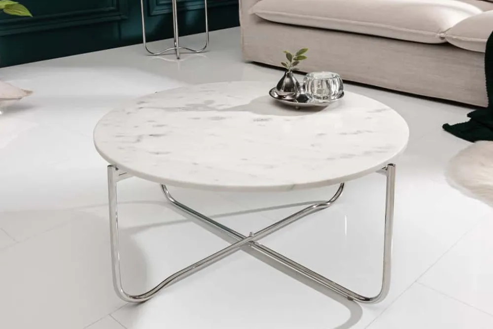Riess-Ambiente Couchtische & Truhen > Runder Couchtisch NOBLE 65cm weiß Marmor abnehmbare Tischplatte klappbar silber Metall