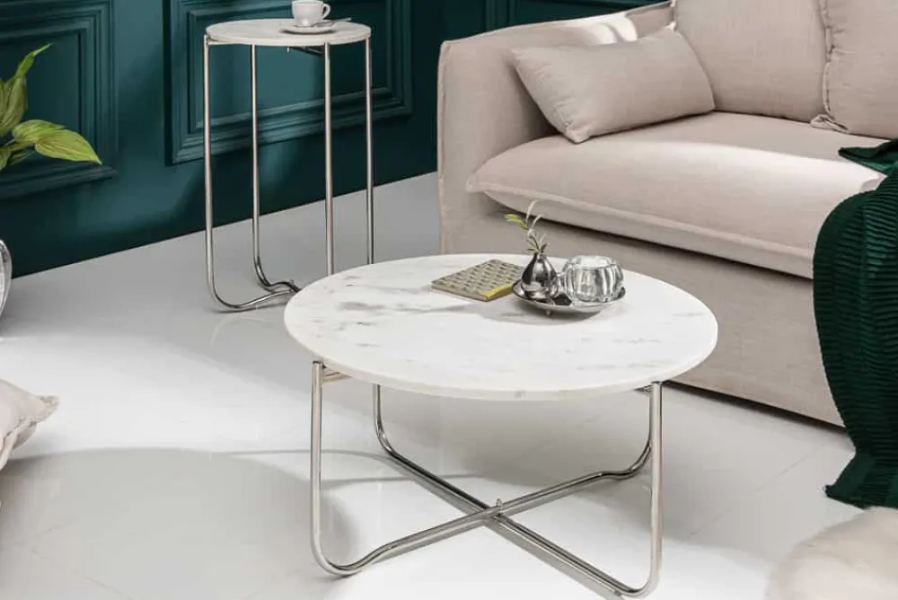 Riess-Ambiente Couchtische & Truhen > Runder Couchtisch NOBLE 65cm weiß Marmor abnehmbare Tischplatte klappbar silber Metall