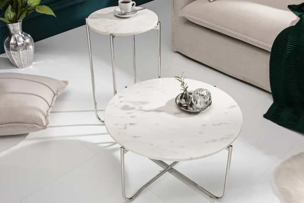Riess-Ambiente Couchtische & Truhen > Runder Couchtisch NOBLE 65cm weiß Marmor abnehmbare Tischplatte klappbar silber Metall