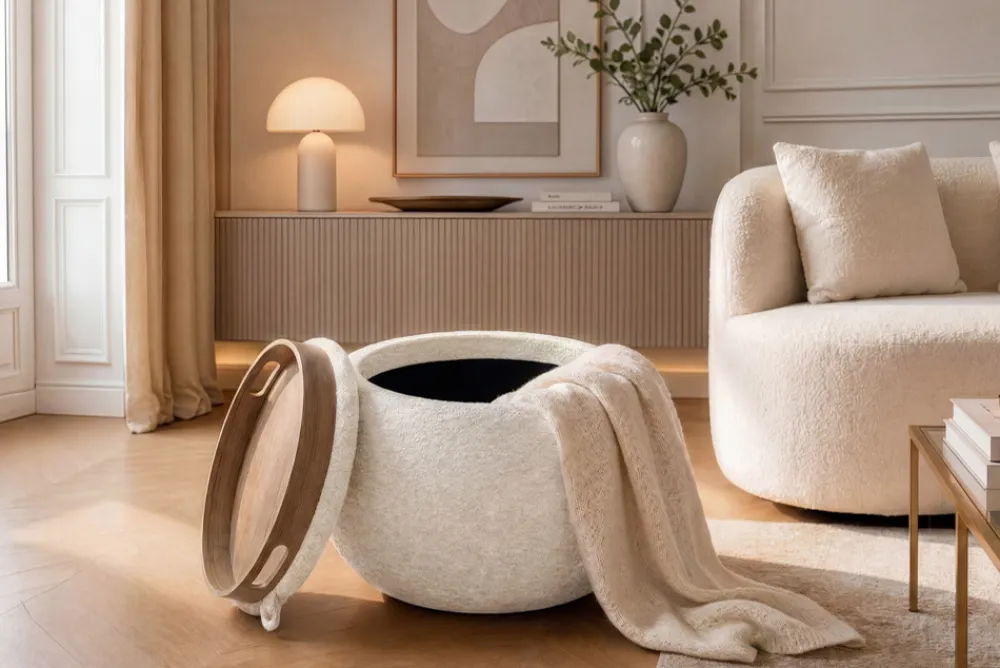 Riess-Ambiente Skandinavisch|Sitzhocker > Runder Couchtisch ORBIT 50cm beige Bouclé Hocker mit Tablett und Stauraum