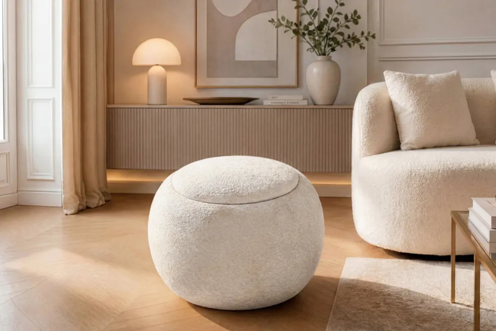 Riess-Ambiente Skandinavisch|Sitzhocker > Runder Couchtisch ORBIT 50cm beige Bouclé Hocker mit Tablett und Stauraum