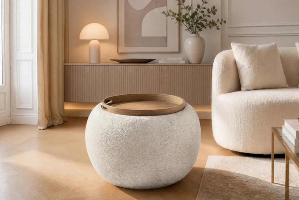 Riess-Ambiente Skandinavisch|Sitzhocker > Runder Couchtisch ORBIT 50cm beige Bouclé Hocker mit Tablett und Stauraum