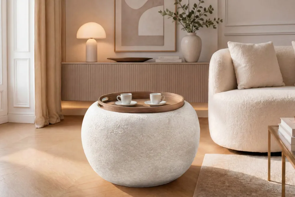 Riess-Ambiente Skandinavisch|Sitzhocker > Runder Couchtisch ORBIT 50cm beige Bouclé Hocker mit Tablett und Stauraum