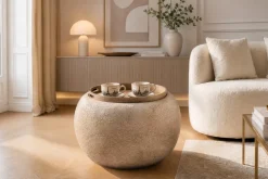 Riess-Ambiente Skandinavisch|Sitzhocker > Runder Couchtisch ORBIT 50cm champagner-greige Bouclé Hocker mit Tablett und Stauraum