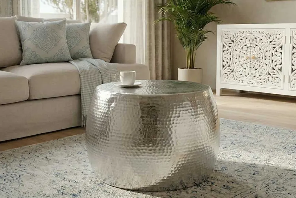 Riess-Ambiente Couchtische & Truhen > Runder Couchtisch ORIENT 60cm silber Metall Aluminium Hammerschlag Design handmade