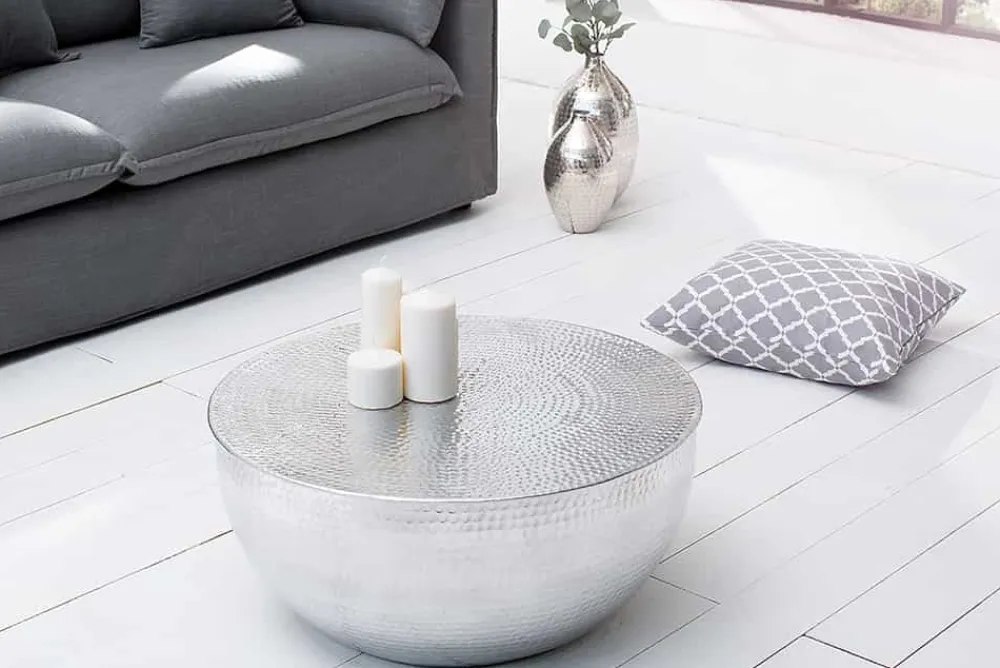 Riess-Ambiente Couchtische & Truhen > Runder Couchtisch ORIENT II 60cm silber Metall Aluminium Hammerschlag Design handmade