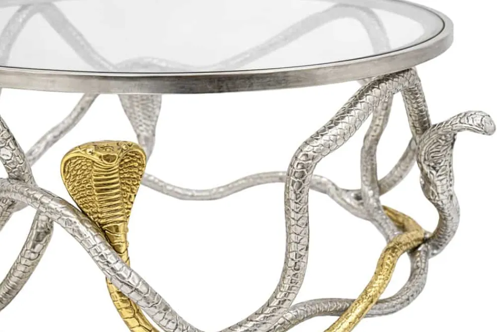 Riess-Ambiente Couchtische & Truhen > Runder Couchtisch SNAKE 70cm gold silber Metall Schlangen-Skulptur Glasplatte