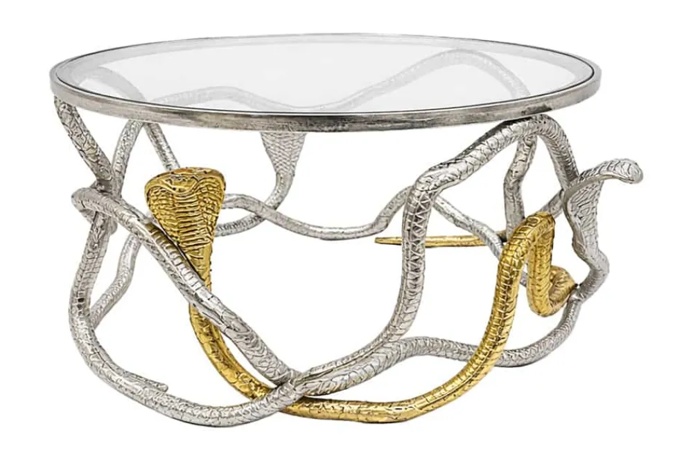 Riess-Ambiente Couchtische & Truhen > Runder Couchtisch SNAKE 70cm gold silber Metall Schlangen-Skulptur Glasplatte