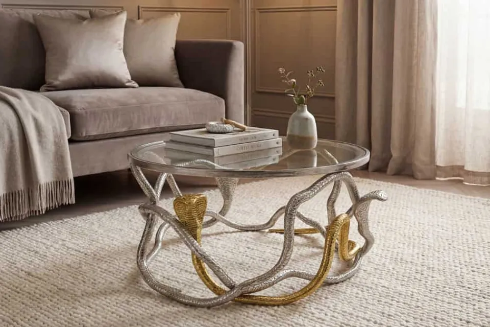 Riess-Ambiente Couchtische & Truhen > Runder Couchtisch SNAKE 70cm gold silber Metall Schlangen-Skulptur Glasplatte