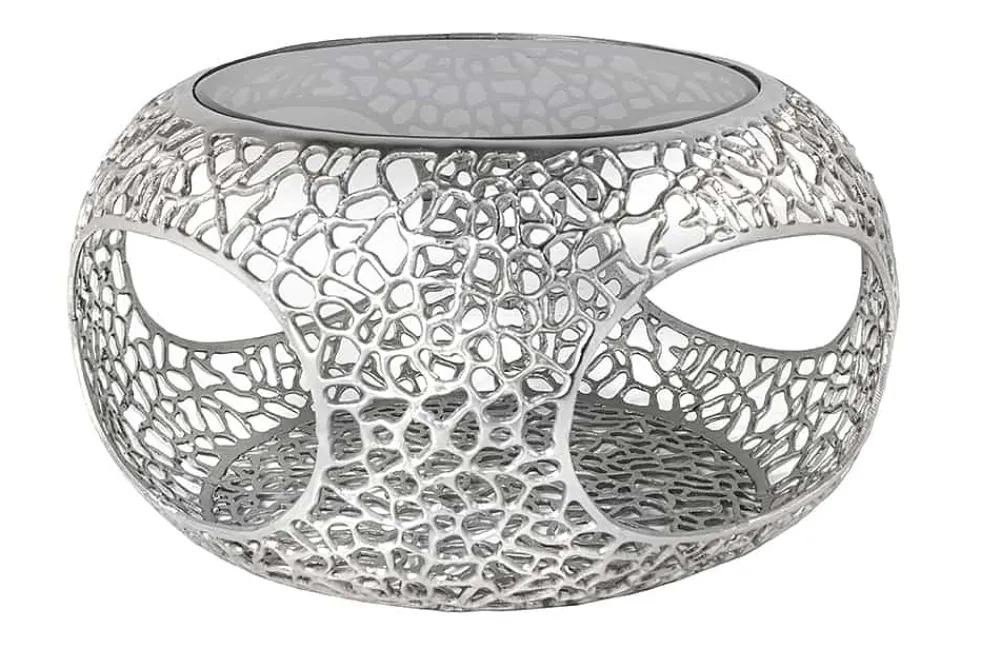 Riess-Ambiente Couchtische & Truhen > Runder Couchtisch SPIN 75cm silber Schwarzglas Metall mit Stauraum handmade