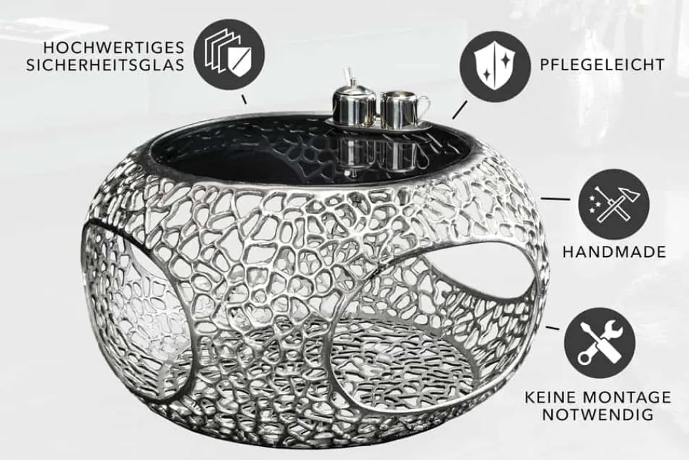 Riess-Ambiente Couchtische & Truhen > Runder Couchtisch SPIN 75cm silber Schwarzglas Metall mit Stauraum handmade