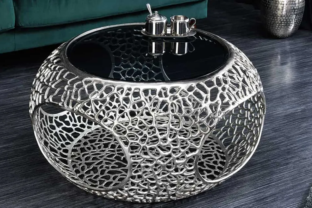 Riess-Ambiente Couchtische & Truhen > Runder Couchtisch SPIN 75cm silber Schwarzglas Metall mit Stauraum handmade