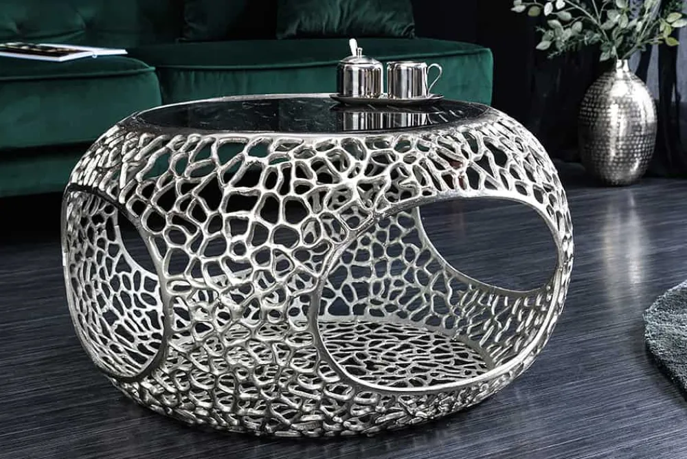 Riess-Ambiente Couchtische & Truhen > Runder Couchtisch SPIN 75cm silber Schwarzglas Metall mit Stauraum handmade