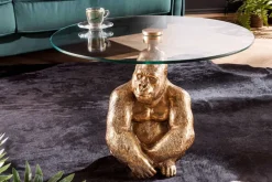 Riess-Ambiente Goldene Möbel|Couchtische & Truhen > Runder Couchtisch WILDLIFE KONG 60cm gold Metall Glas Affenfigur Gorilla Skulptur handmade