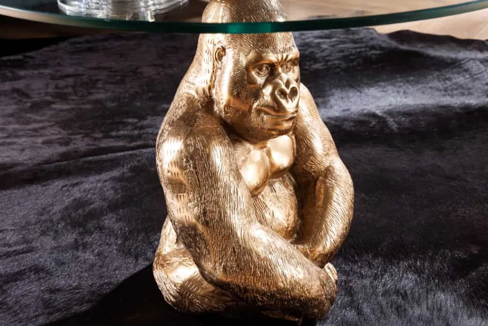 Riess-Ambiente Goldene Möbel|Couchtische & Truhen > Runder Couchtisch WILDLIFE KONG 60cm gold Metall Glas Affenfigur Gorilla Skulptur handmade