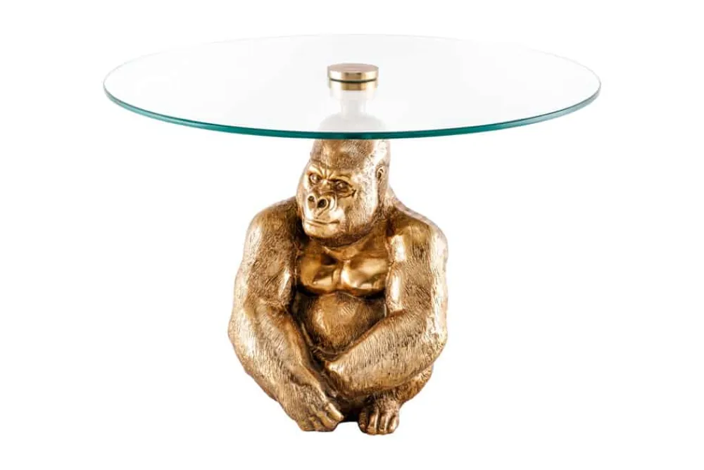 Riess-Ambiente Goldene Möbel|Couchtische & Truhen > Runder Couchtisch WILDLIFE KONG 60cm gold Metall Glas Affenfigur Gorilla Skulptur handmade