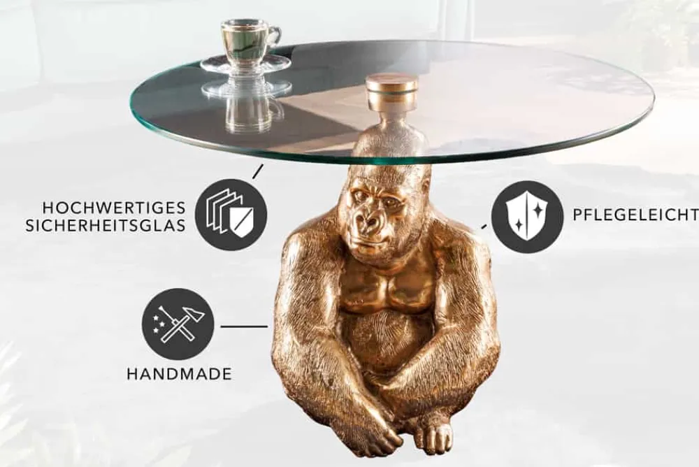 Riess-Ambiente Goldene Möbel|Couchtische & Truhen > Runder Couchtisch WILDLIFE KONG 60cm gold Metall Glas Affenfigur Gorilla Skulptur handmade