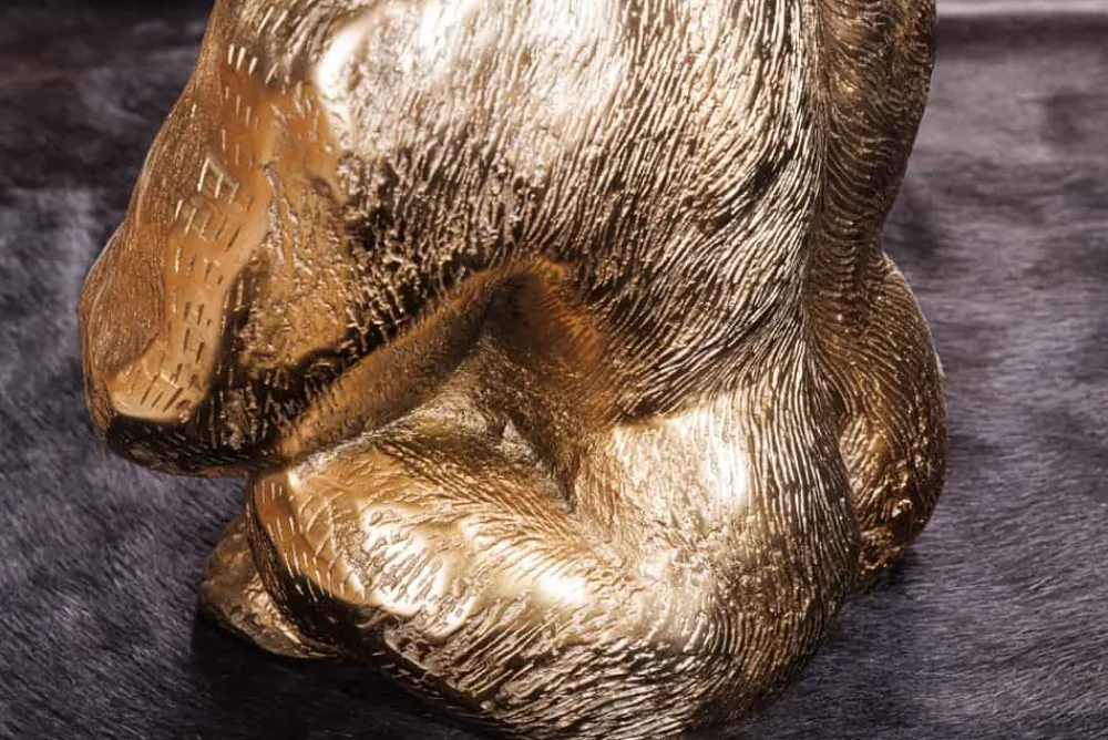 Riess-Ambiente Goldene Möbel|Couchtische & Truhen > Runder Couchtisch WILDLIFE KONG 60cm gold Metall Glas Affenfigur Gorilla Skulptur handmade