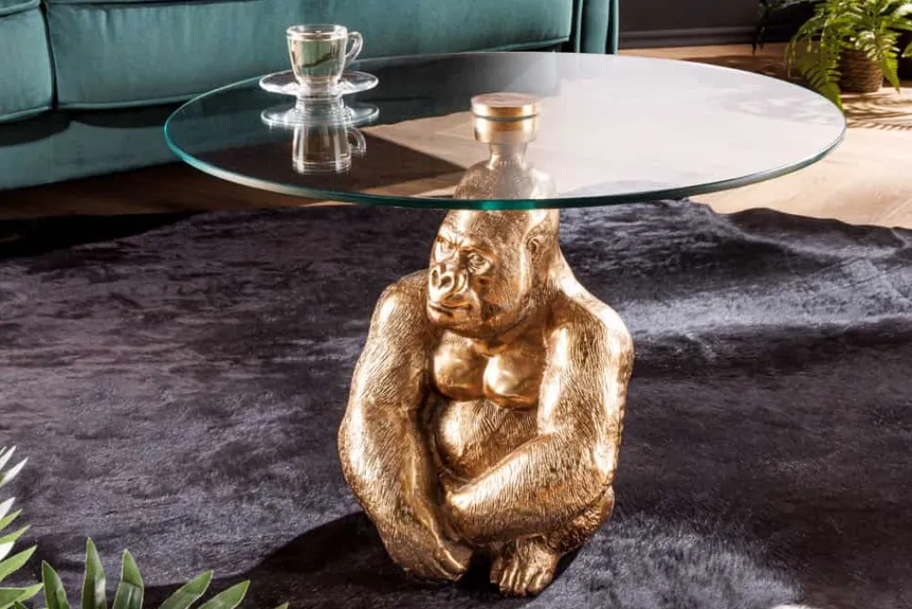 Riess-Ambiente Goldene Möbel|Couchtische & Truhen > Runder Couchtisch WILDLIFE KONG 60cm gold Metall Glas Affenfigur Gorilla Skulptur handmade