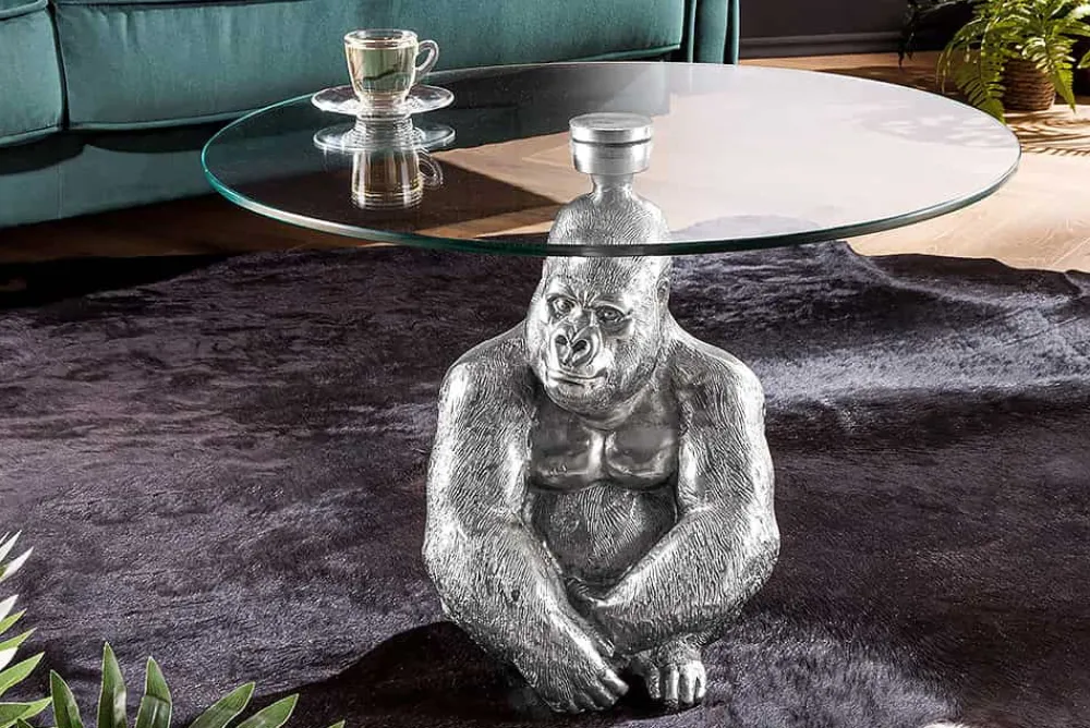Riess-Ambiente Couchtische & Truhen > Runder Couchtisch WILDLIFE KONG 60cm silber Metall Glas Affenfigur Gorilla Skulptur handmade
