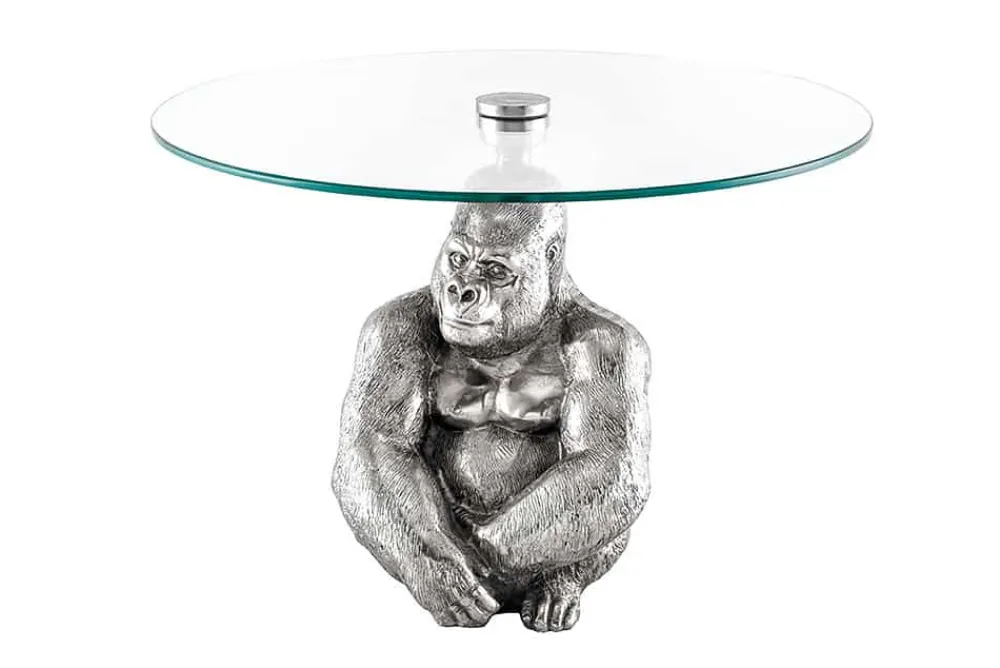 Riess-Ambiente Couchtische & Truhen > Runder Couchtisch WILDLIFE KONG 60cm silber Metall Glas Affenfigur Gorilla Skulptur handmade