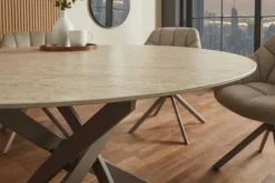 Riess-Ambiente Esstische > Runder Esstisch ALPINE 120cm natur Travertin Keramik champagner greige Metall