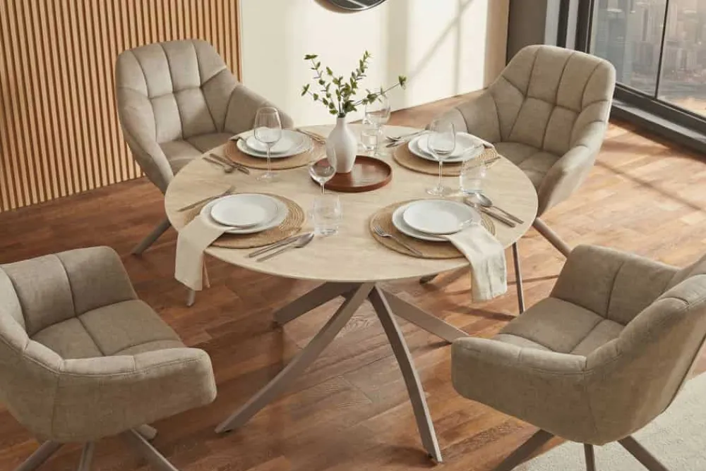 Riess-Ambiente Esstische > Runder Esstisch ALPINE 120cm natur Travertin Keramik champagner greige Metall