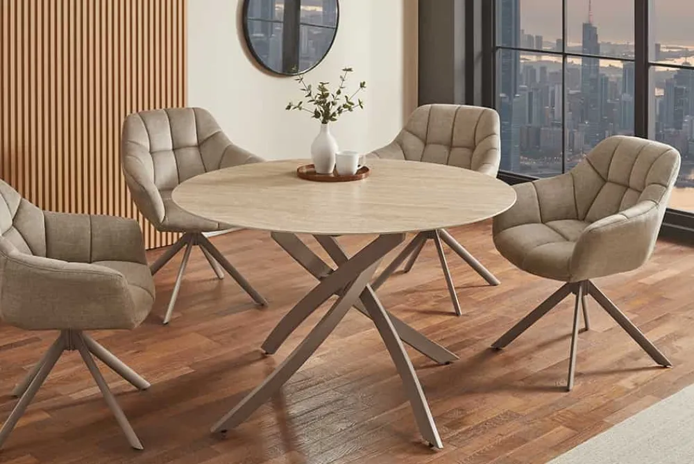 Riess-Ambiente Esstische > Runder Esstisch ALPINE 120cm natur Travertin Keramik champagner greige Metall