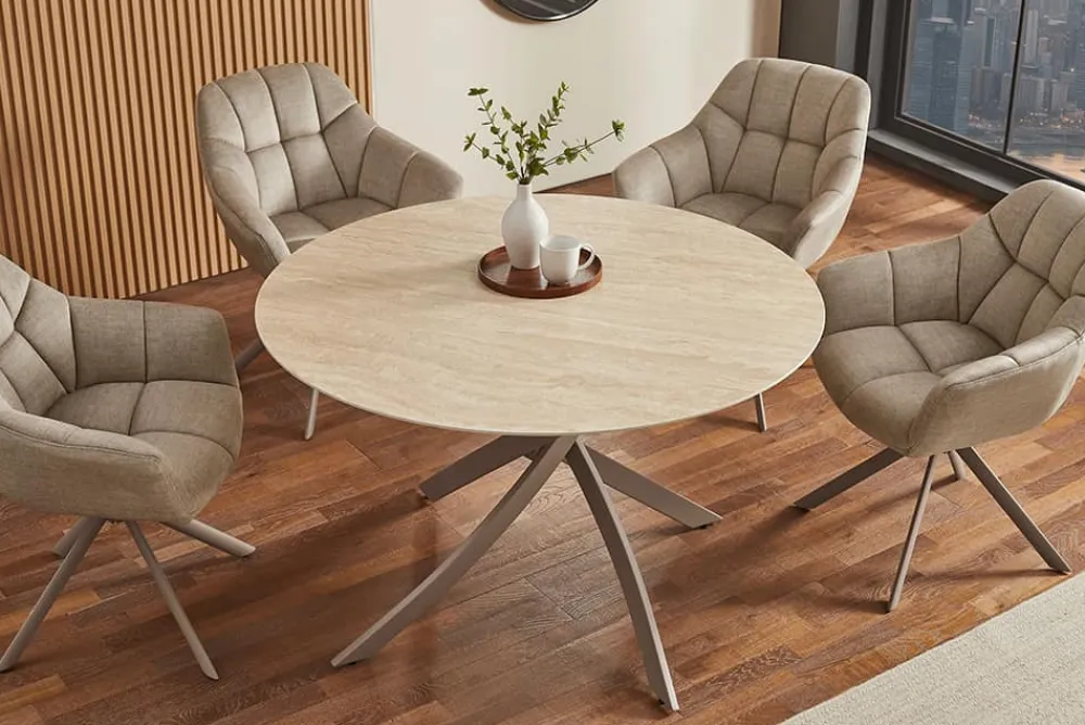 Riess-Ambiente Esstische > Runder Esstisch ALPINE 120cm natur Travertin Keramik champagner greige Metall