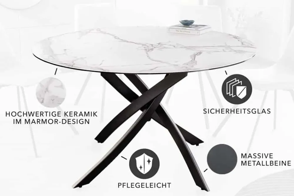 Riess-Ambiente Esstische > Runder Esstisch ALPINE 120cm weiß Marmor Keramik schwarzes Metallgestell