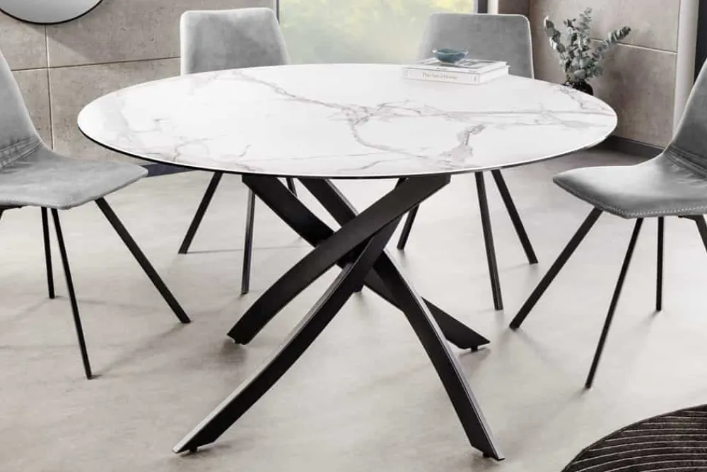 Riess-Ambiente Esstische > Runder Esstisch ALPINE 120cm weiß Marmor Keramik schwarzes Metallgestell