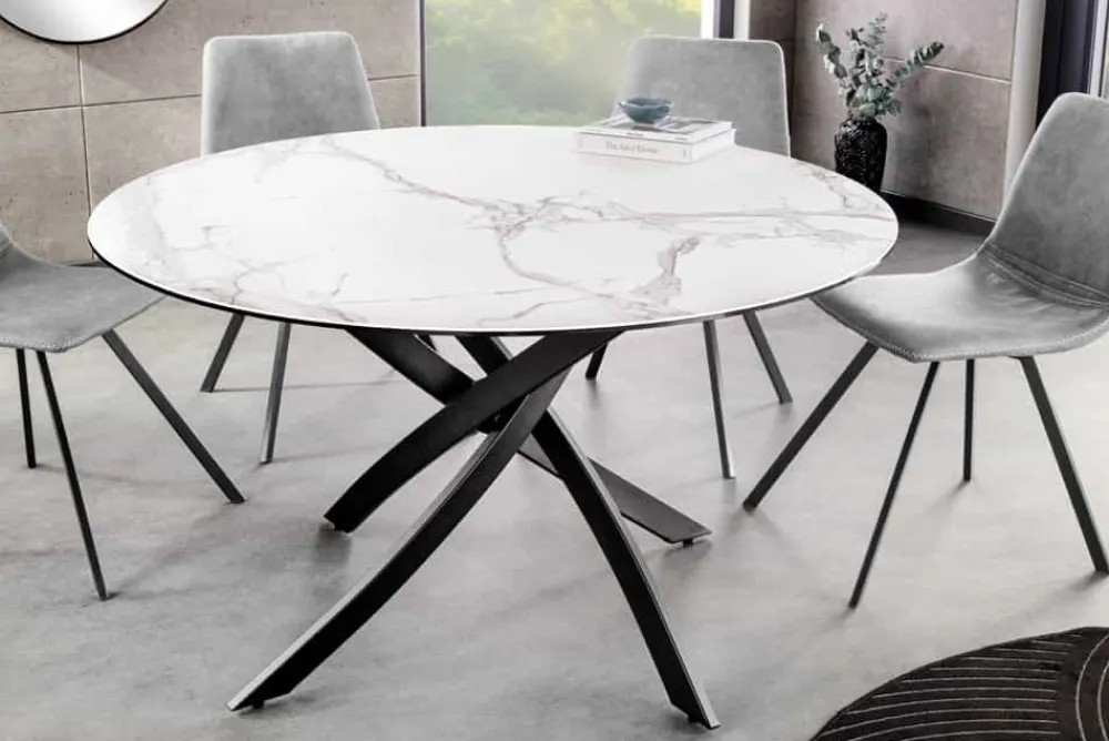 Riess-Ambiente Esstische > Runder Esstisch ALPINE 120cm weiß Marmor Keramik schwarzes Metallgestell