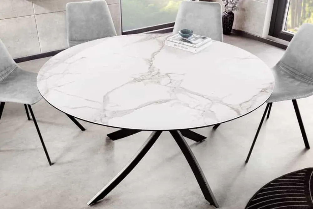 Riess-Ambiente Esstische > Runder Esstisch ALPINE 120cm weiß Marmor Keramik schwarzes Metallgestell