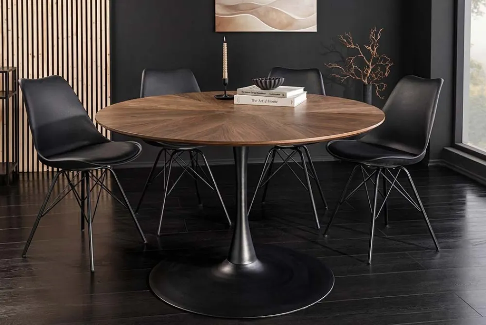 Riess-Ambiente Skandinavisch|Esstische > Runder Esstisch ATELIER 120cm braun Walnuss schwarzer Metall Säulenfuß