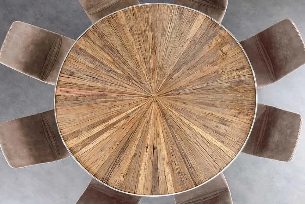 Riess-Ambiente Mehr...|Massivholzesstische > Runder Esstisch BARRACUDA 140cm braun Teak Massivholz Glas silber Edelstahl verchromt