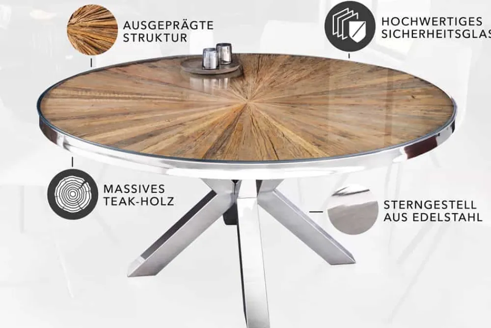 Riess-Ambiente Mehr...|Massivholzesstische > Runder Esstisch BARRACUDA 120cm braun Teak Massivholz Glasplatte silber Edelstahl verchromt