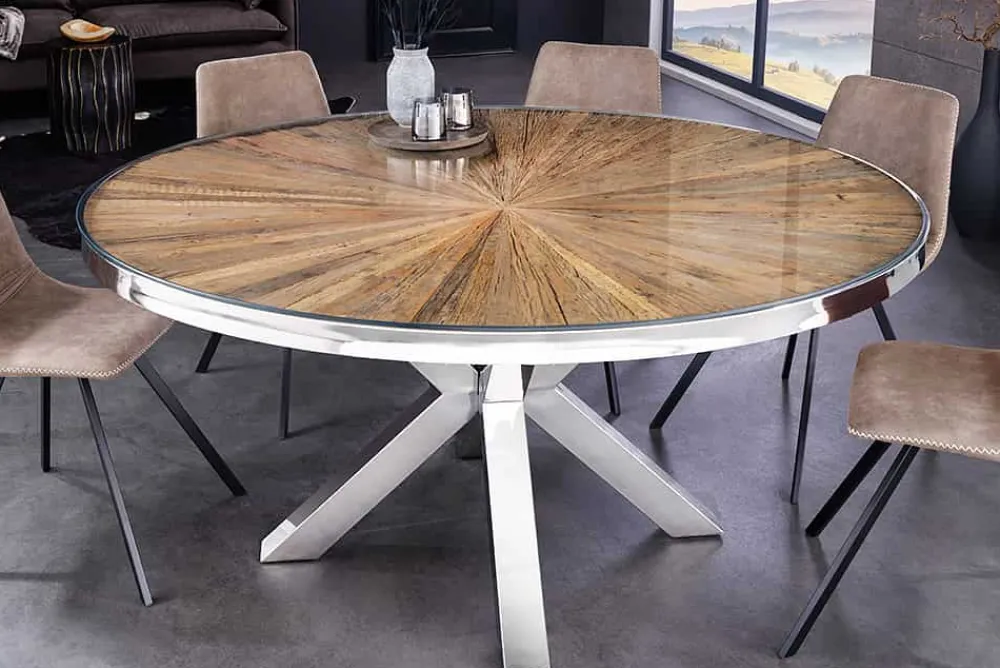 Riess-Ambiente Mehr...|Massivholzesstische > Runder Esstisch BARRACUDA 120cm braun Teak Massivholz Glasplatte silber Edelstahl verchromt