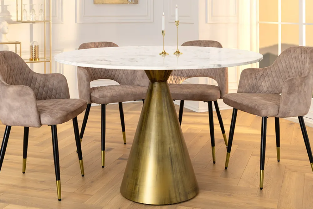 Riess-Ambiente Goldene Möbel|Esstische > Runder Esstisch ELEGANCIA 100cm messing weiß Marmor Eisen mit Säulenfuß
