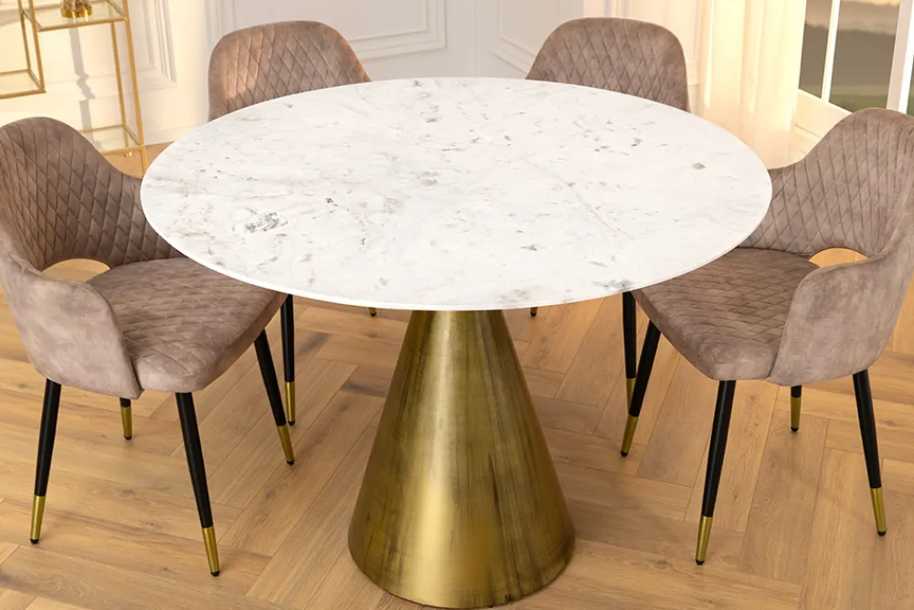 Riess-Ambiente Goldene Möbel|Esstische > Runder Esstisch ELEGANCIA 100cm messing weiß Marmor Eisen mit Säulenfuß