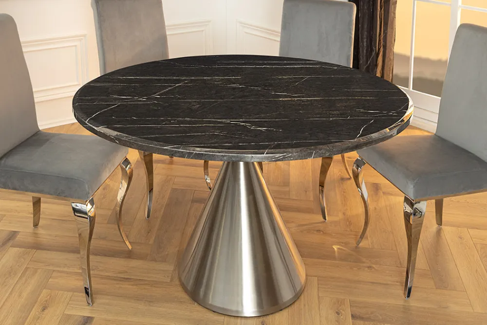 Riess-Ambiente Esstische > Runder Esstisch ELEGANCIA 130cm schwarz Marmor chrom Stahl mit Säulenfuß