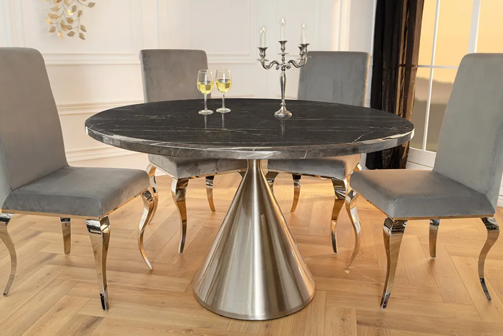 Riess-Ambiente Esstische > Runder Esstisch ELEGANCIA 130cm schwarz Marmor chrom Stahl mit Säulenfuß