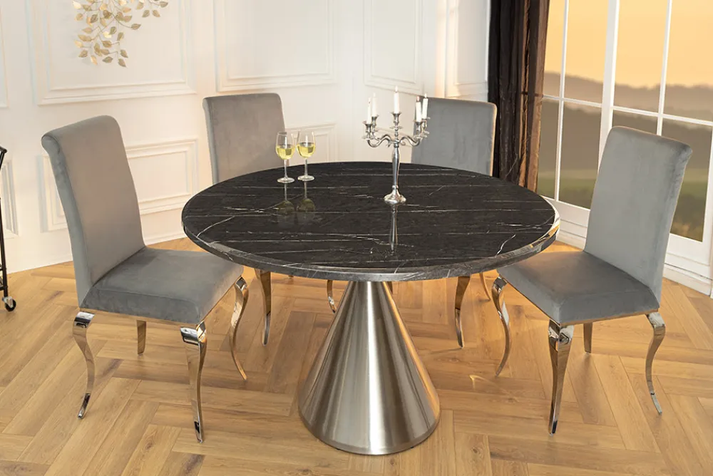 Riess-Ambiente Esstische > Runder Esstisch ELEGANCIA 130cm schwarz Marmor chrom Stahl mit Säulenfuß