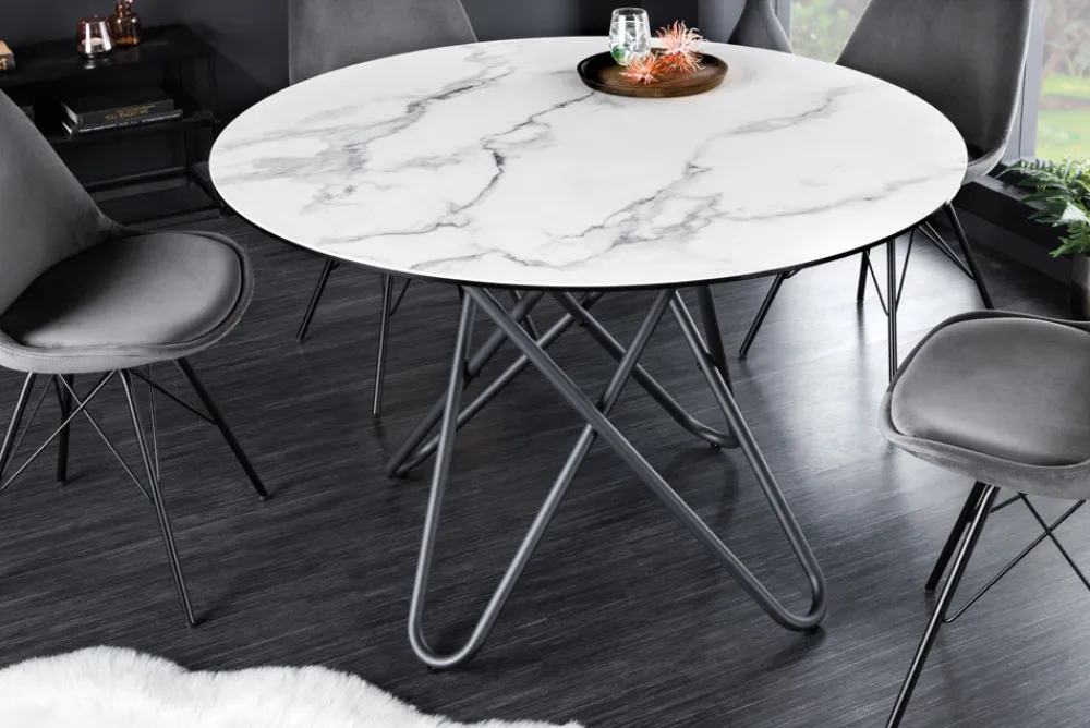 Riess-Ambiente Esstische > Runder Esstisch ELLIPSE 120cm Marmor weiß Keramik made in Italy Hairpin Legs