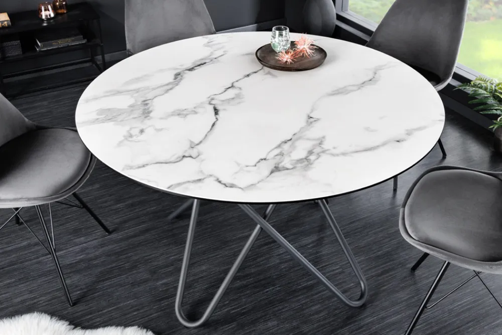 Riess-Ambiente Esstische > Runder Esstisch ELLIPSE 120cm Marmor weiß Keramik made in Italy Hairpin Legs
