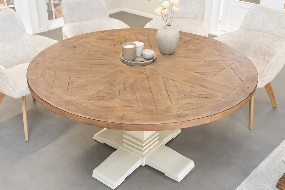 Riess-Ambiente Mehr...|Massivholzesstische > Runder Esstisch HAMPTONS 140cm hellbraun creme recycelte Pinie Massivholz