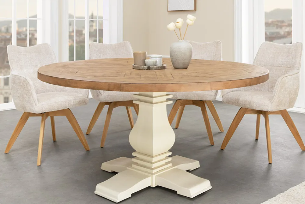 Riess-Ambiente Mehr...|Massivholzesstische > Runder Esstisch HAMPTONS 140cm hellbraun creme recycelte Pinie Massivholz