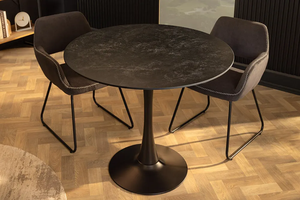 Riess-Ambiente Esstische > Runder Esstisch LYON 80cm anthrazit Marmor Keramik Bistrotisch schwarzer Säulenfuß