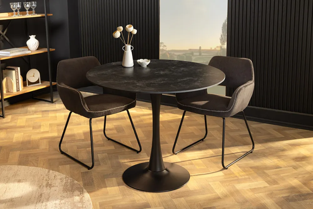 Riess-Ambiente Esstische > Runder Esstisch LYON 80cm anthrazit Marmor Keramik Bistrotisch schwarzer Säulenfuß