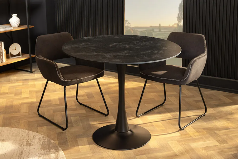 Riess-Ambiente Esstische > Runder Esstisch LYON 80cm anthrazit Marmor Keramik Bistrotisch schwarzer Säulenfuß